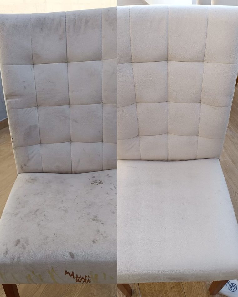 Antes e depois da higienização de uma cadeira estofada branca