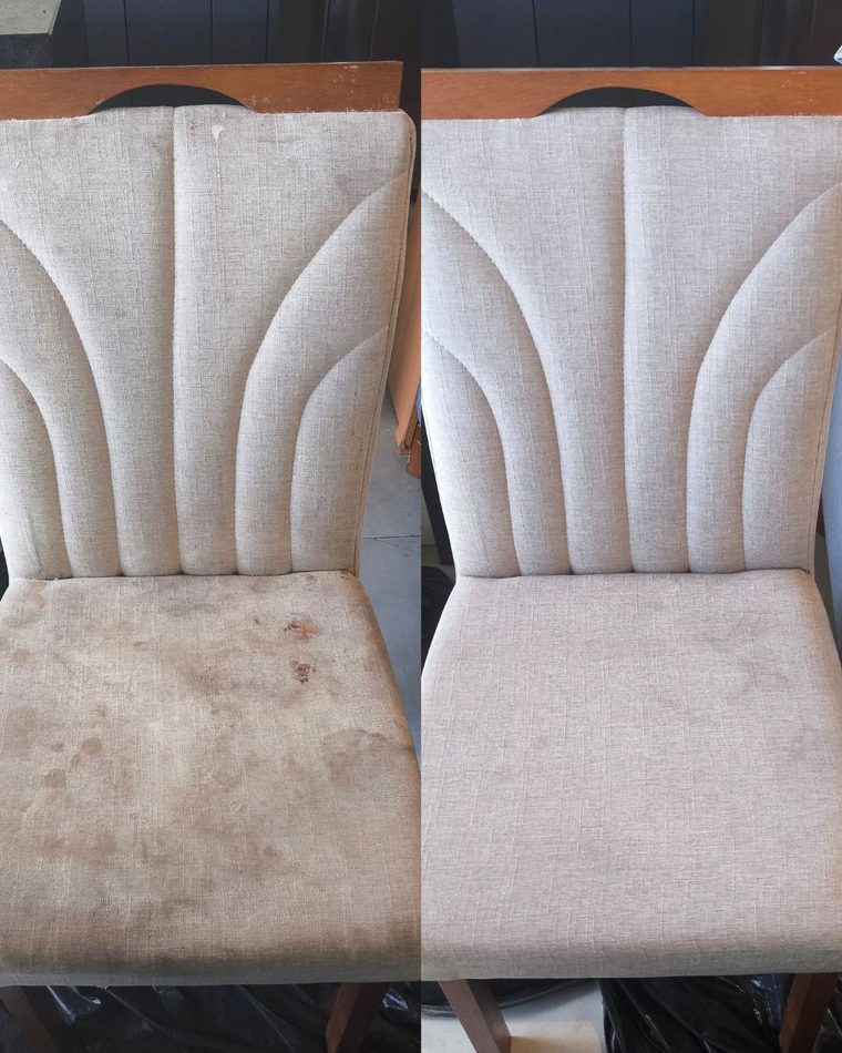 Antes e depois da higienização de uma cadeira de jantar estofada