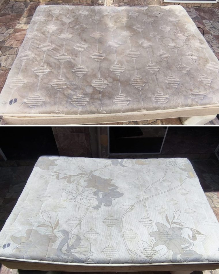 Antes e depois da higienização de um colchão de casal manchado