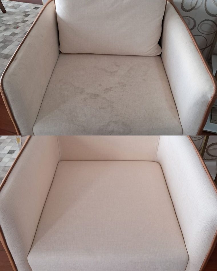 Antes e depois da higienização de uma poltrona clara