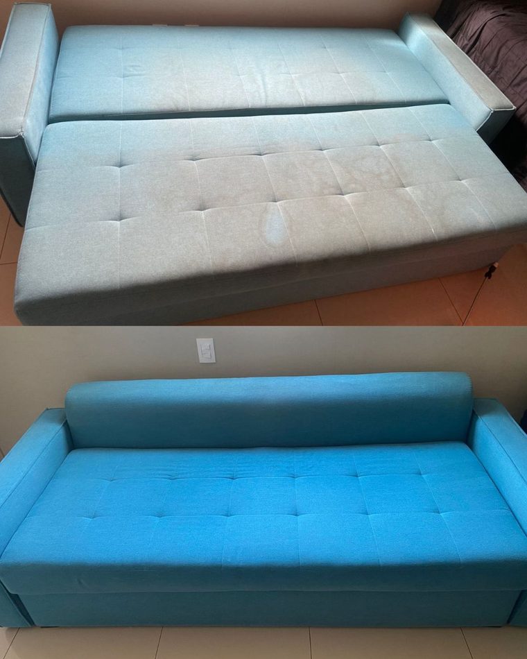 Antes e depois da higienização de um sofá-cama azul