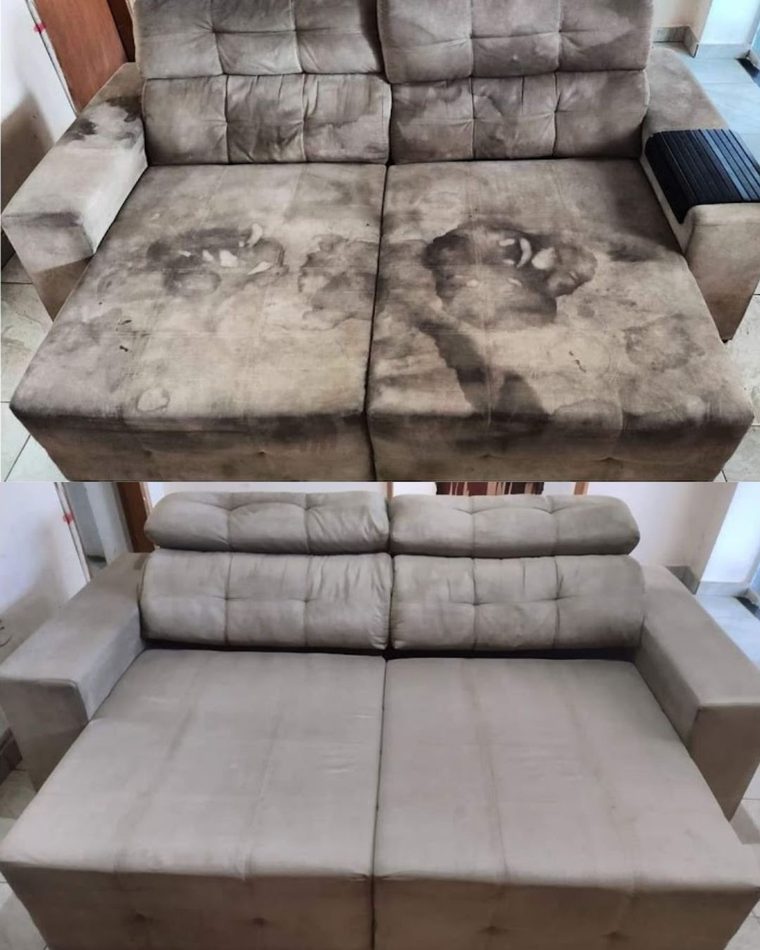 Antes e depois da higienização de um sofá retrátil cinza com manchas profundas